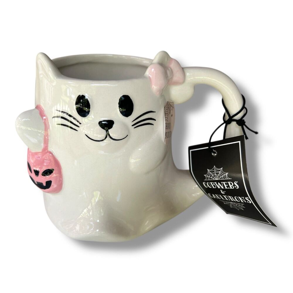 Cobwebs & Cauldrons Hand Painted Cat Pink Bow Halloween Mug